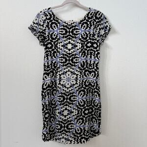 YUMI KIM Silk Sheath Dress Black Ivory Blue Geometric Print XS